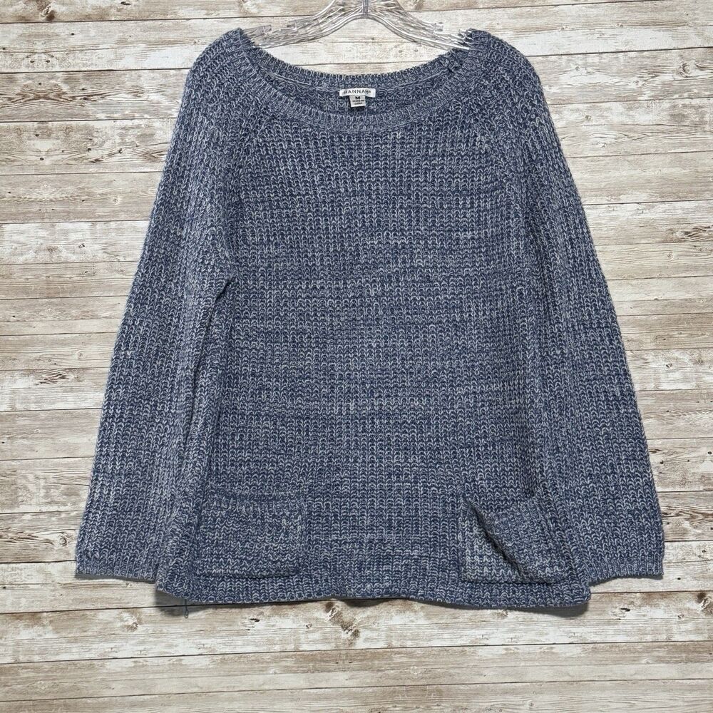 Hannah Blue White Marled Knit Sweater Sz M Front Pockets Wide Scoop Neck